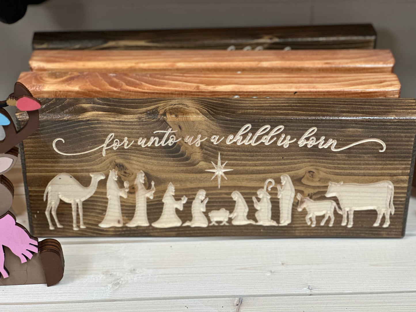 For Unto Us A Child is Born Nativity Scene Mantle Sign
