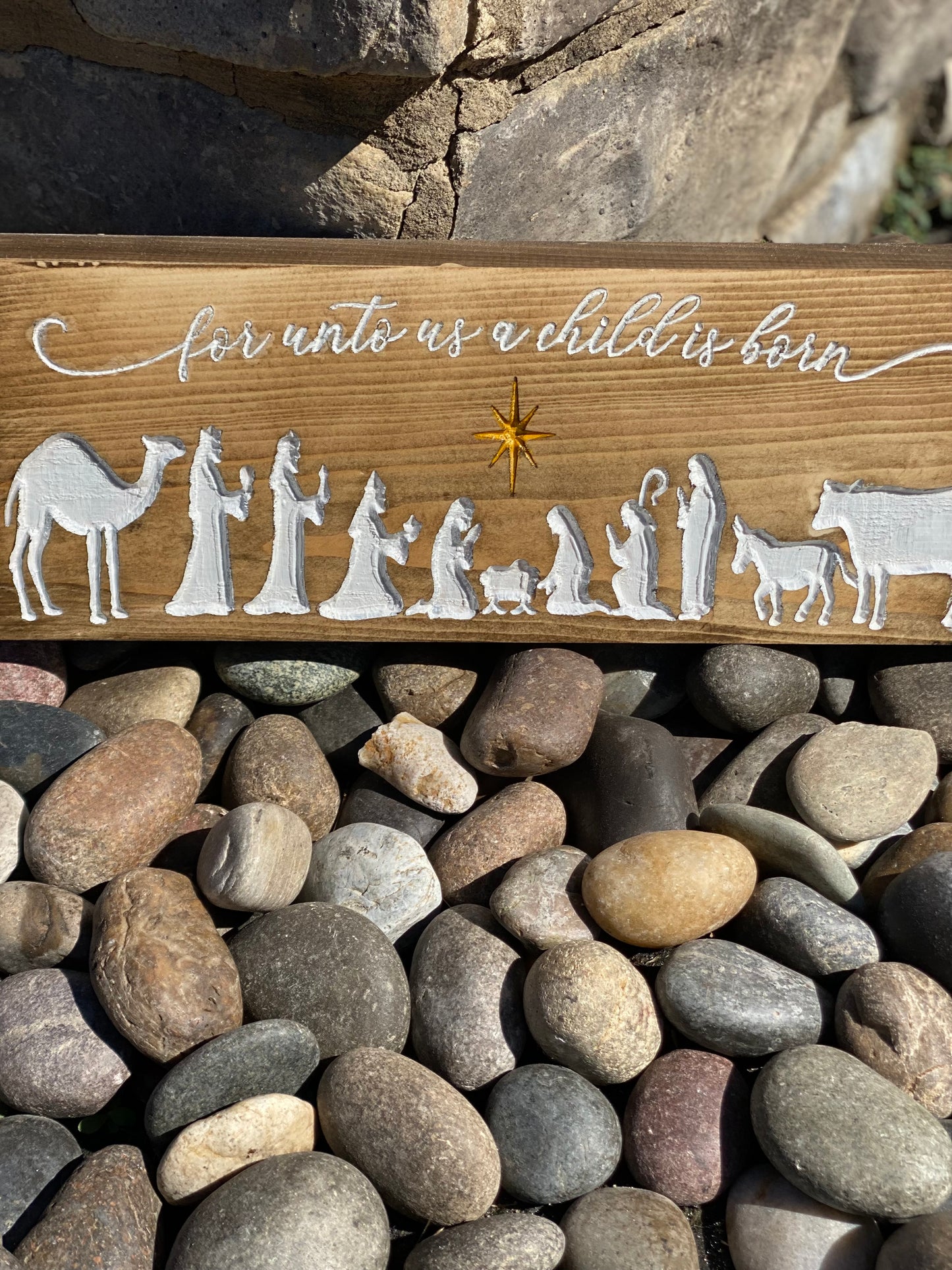 For Unto Us A Child is Born Nativity Scene Mantle Sign