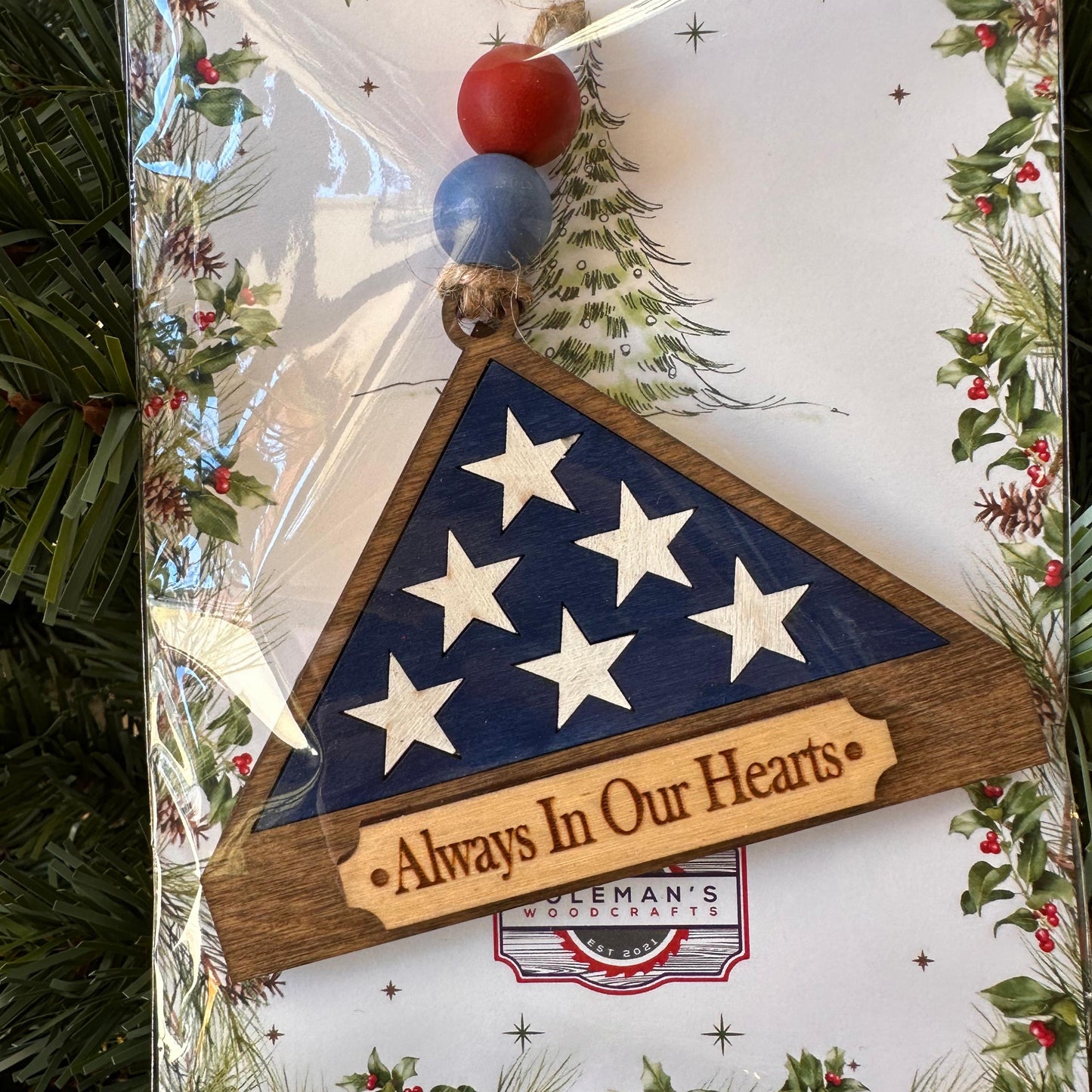 Always in Our Hearts Folded Flag Christmas Ornament, Memorial Tree Ornament, Veteran Tribute