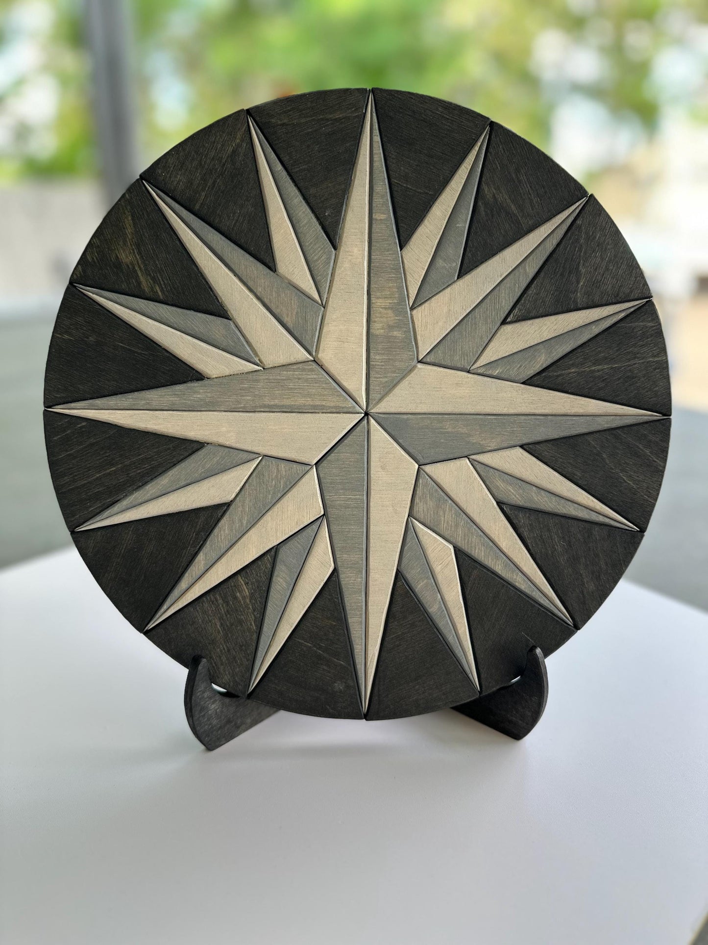 Geometric Compass RoHandcrafted Wood Compass Rose Wall Art – Nautical Decor | Rustic Coastal Home Accent | Engraved Star Compass Plaque