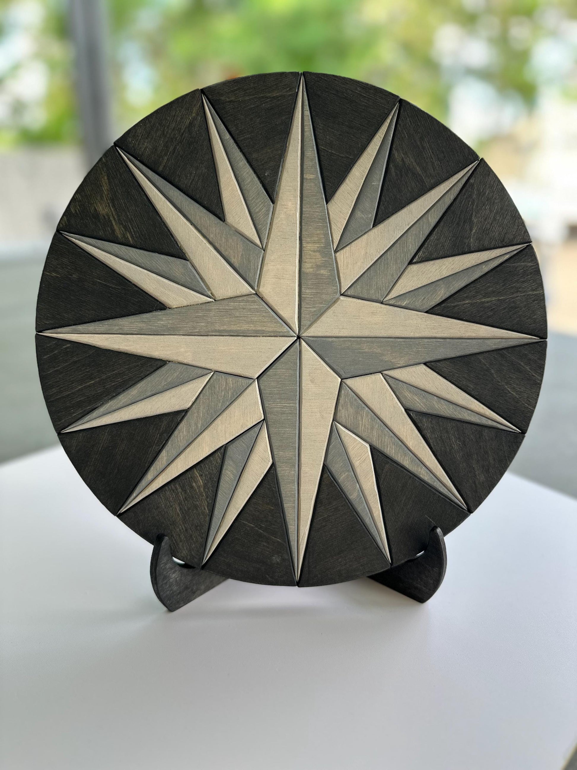 Geometric Compass RoHandcrafted Wood Compass Rose Wall Art – Nautical Decor | Rustic Coastal Home Accent | Engraved Star Compass Plaque