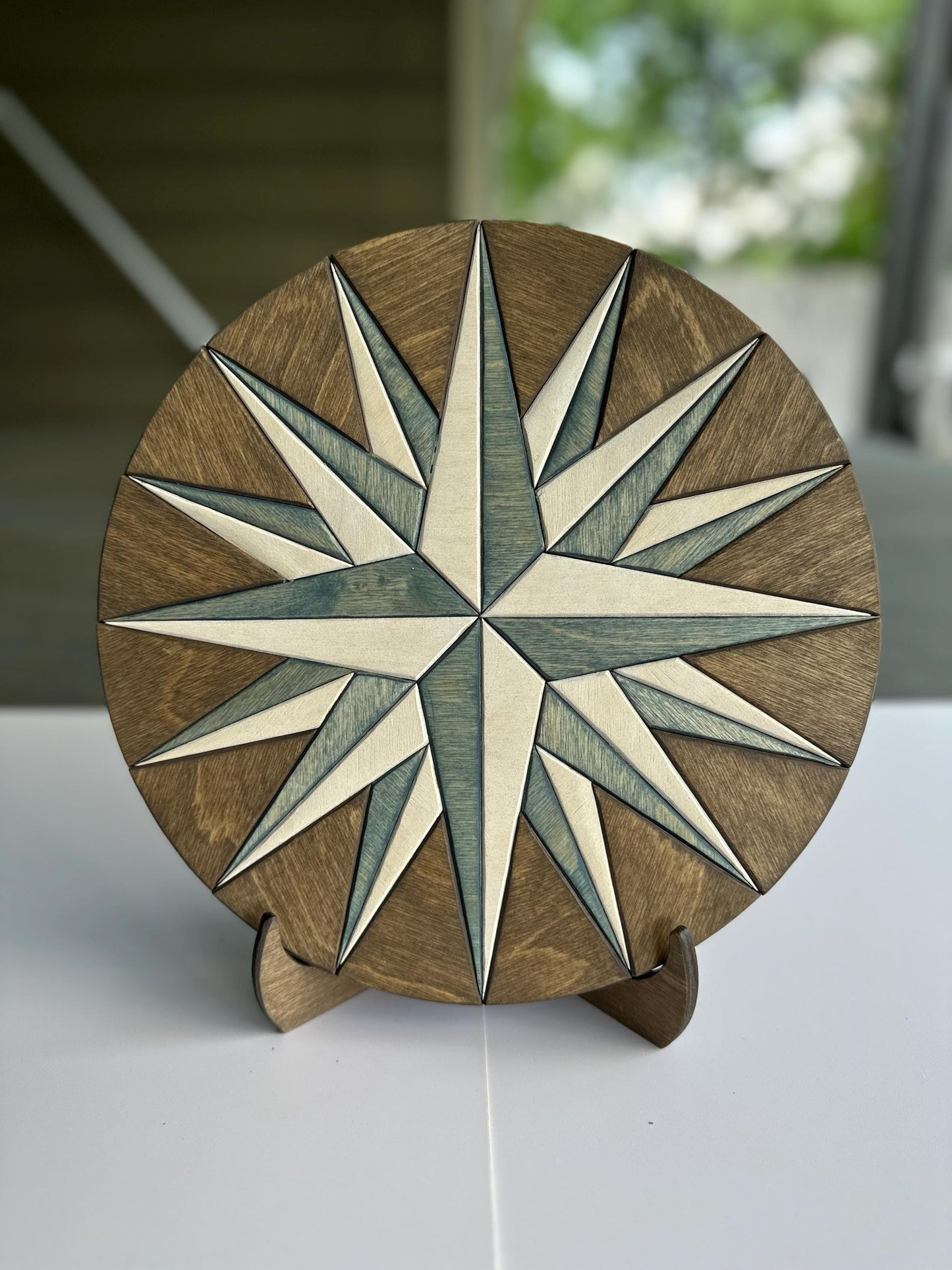 Geometric Compass RoHandcrafted Wood Compass Rose Wall Art – Nautical Decor | Rustic Coastal Home Accent | Engraved Star Compass Plaque