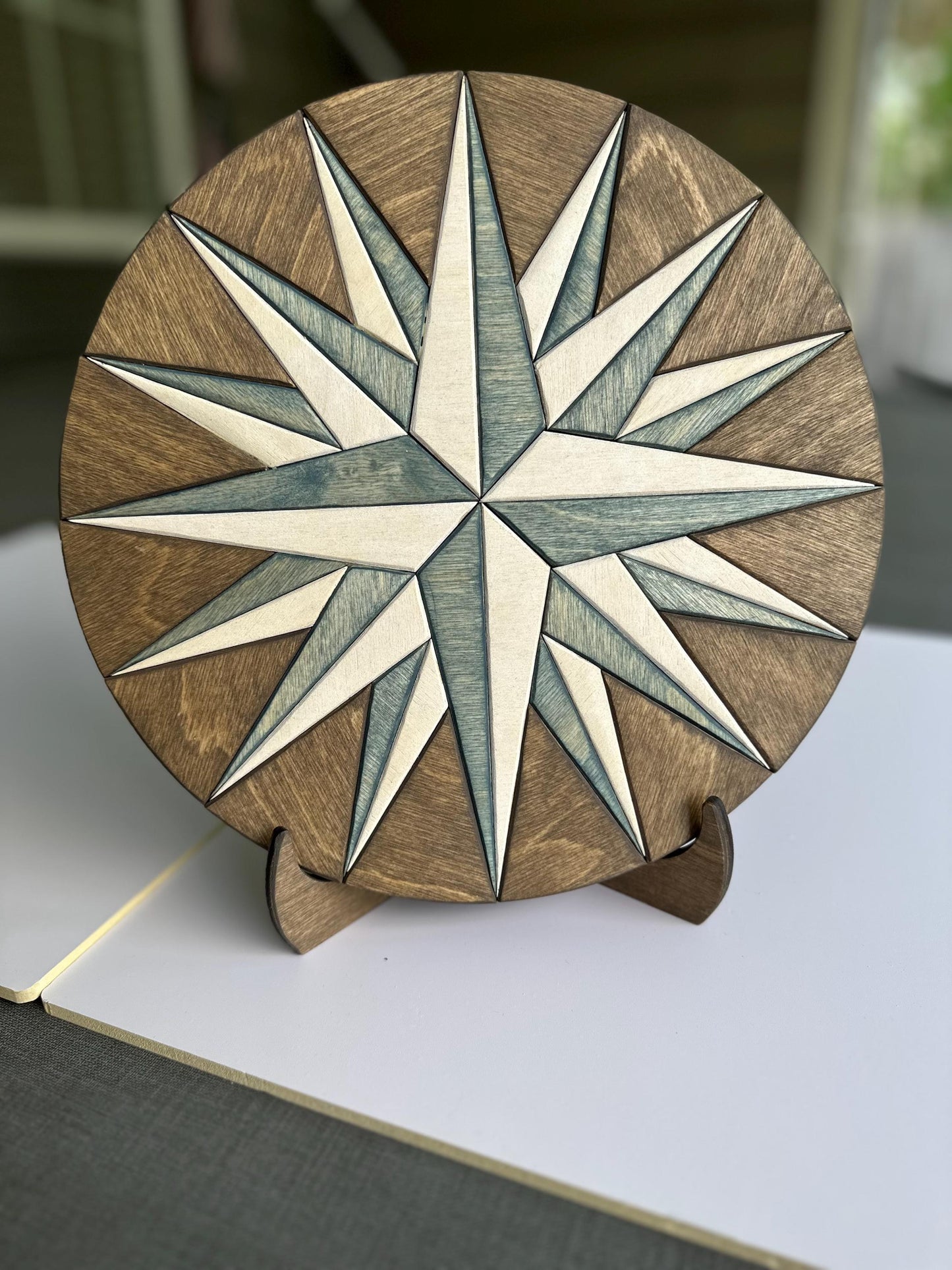 Geometric Compass RoHandcrafted Wood Compass Rose Wall Art – Nautical Decor | Rustic Coastal Home Accent | Engraved Star Compass Plaque