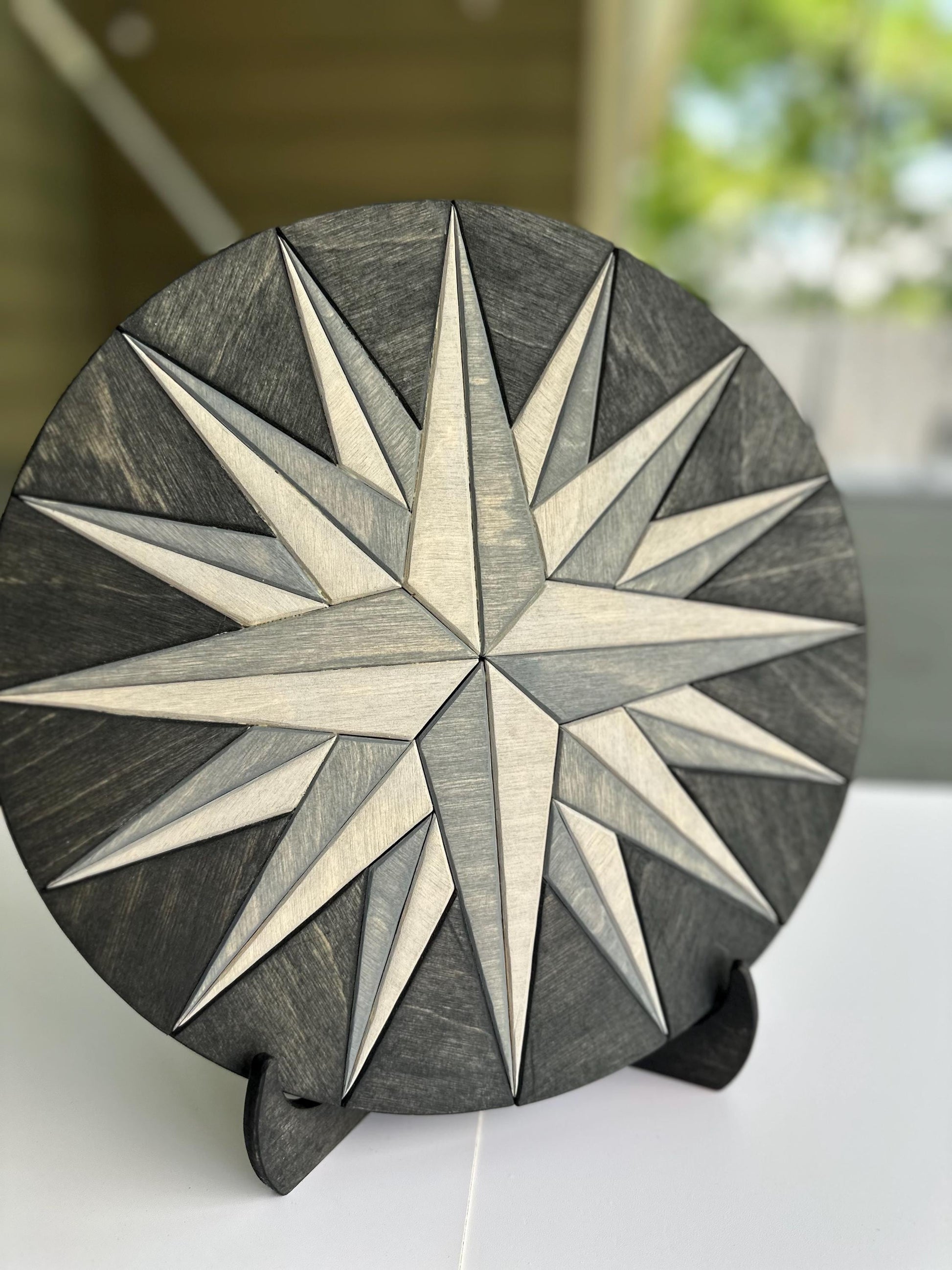 Geometric Compass RoHandcrafted Wood Compass Rose Wall Art – Nautical Decor | Rustic Coastal Home Accent | Engraved Star Compass Plaque