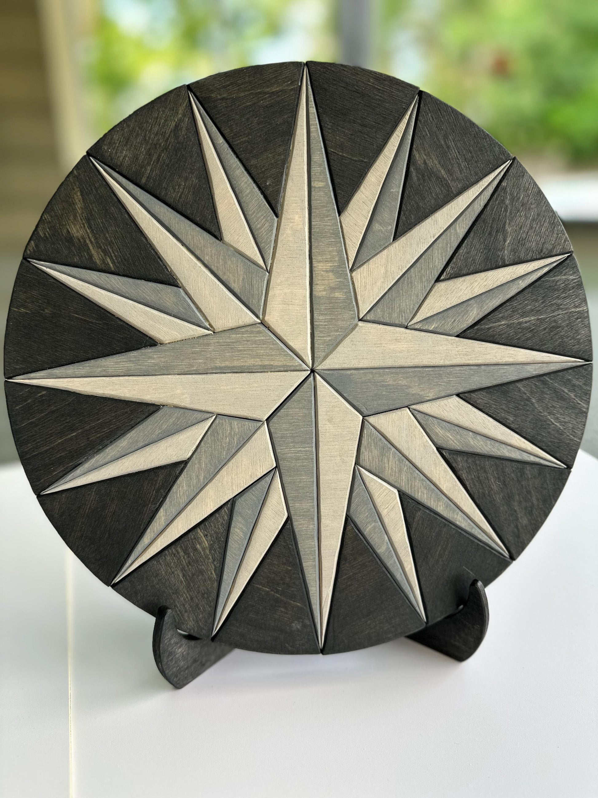 Geometric Compass RoHandcrafted Wood Compass Rose Wall Art – Nautical Decor | Rustic Coastal Home Accent | Engraved Star Compass Plaque