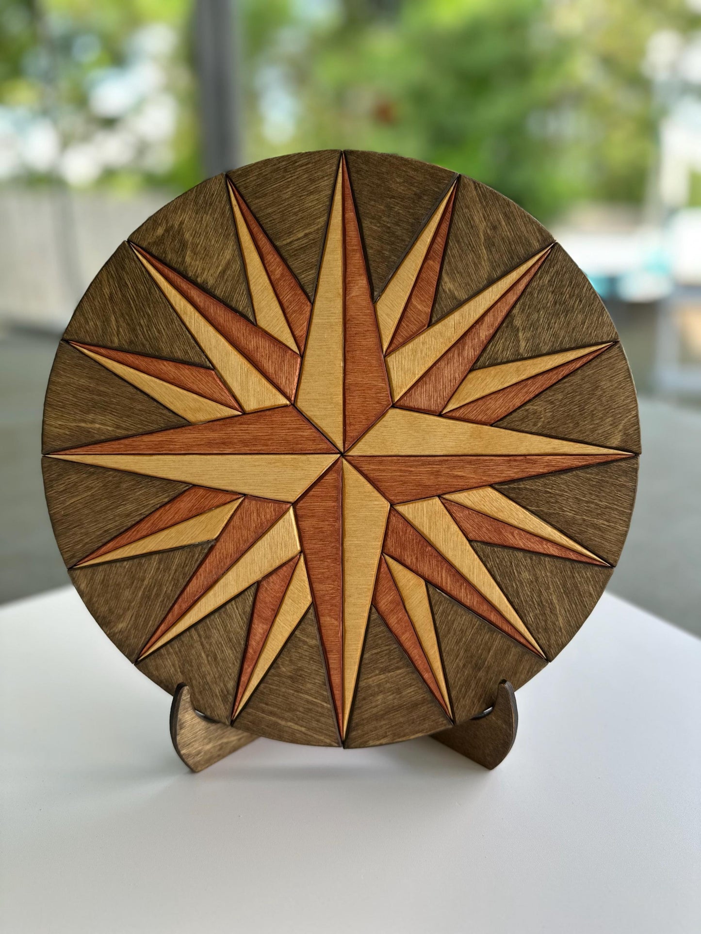 Geometric Compass RoHandcrafted Wood Compass Rose Wall Art – Nautical Decor | Rustic Coastal Home Accent | Engraved Star Compass Plaque