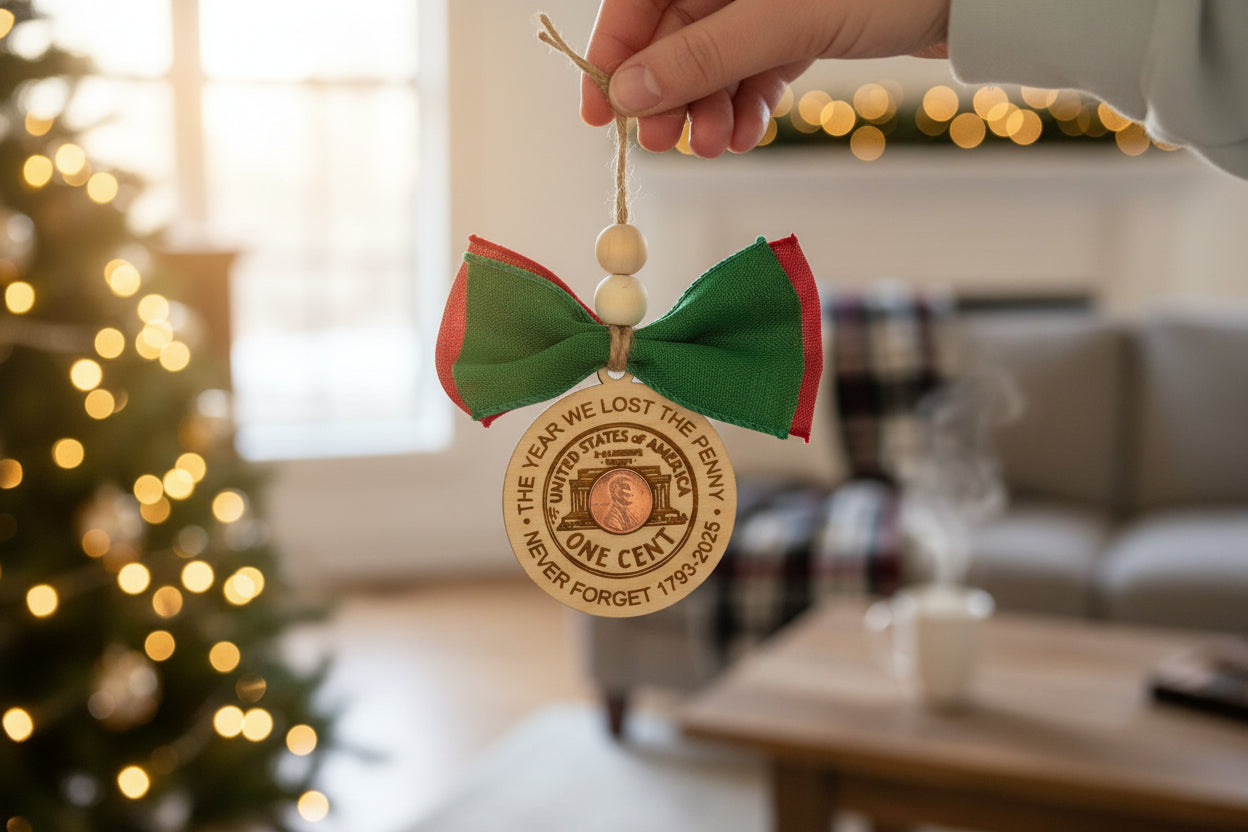Handmade wooden ornament featuring a real U.S. penny engraved with “The Year We Lost the Penny 1793–2025,” finished with twine, wood beads, and a red and green bow.